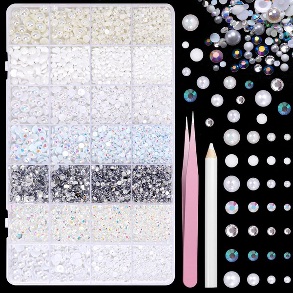 Pearls and Resin Rhinestones for Crafting, 28 Grids White Bedazzling