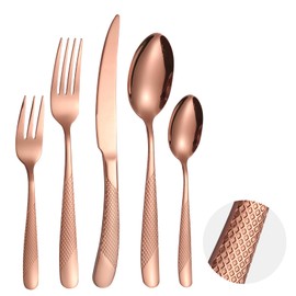 A · HOUSEWARE Hammered Flatware Set Copper/Rose Gold Silverware 20 Piece Stainless Steel Service for 4 Forks Knives Spoons Heavy Thickened Handle Elegant Modern Design Kitchen Use Festival Parties…