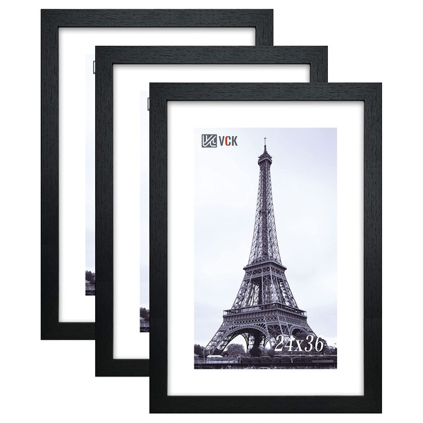 VCK 24x36 Inch Solid Wood Poster Frames Black 3 Pack Picture Frame with Wall Mounting Hanging