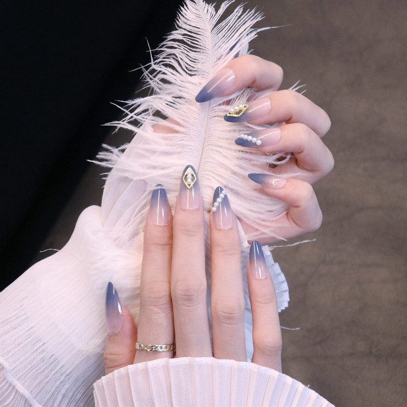 24pcs Navy Gradient Nail Tips French Nail Pearls for Wedding,