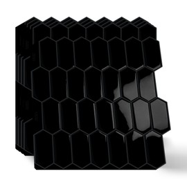 MOONFUN Long Hexagon Peel and Stick Tiles Backsplash,10 Sheets 3D Self Adhesive Wall Tile Back Splash 12 x 12 Inch for Kitchen,Bathroom(Pure Black)