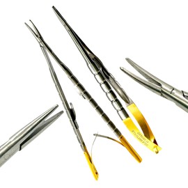 6in Castroviejo-Barraquer Needle Holder Curved + 6in Castroviejo Needle Holder Straight - Spring Handle, Gold - Autoclave-Safe German Stainless Steel Micro Needle Drivers [Pack of 2]