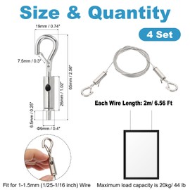 PATIKIL 6 Pcs Adjustable Picture Hanging Wire Kit, 2m/6.6ft Fit for 1.5mm Wire Heavy Duty Stainless Steel Wire Rope Hanger Hardware for Hanging Mirrors, Frames, Lamps, Billboards