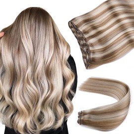 VINBAO Blond Weft Hair Extensions Color 8P60 Ash Brown and Platinum Blonde Hair Extensions 16inch 80g Sew in Hair Extensions Human Hair For Women (weft#8P60-18inch)