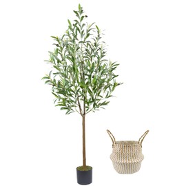Warmplants Artificial Olive Tree, 5ft Tall Fake Olive Leaves Plant with Basket, Indoor Outdoor Faux Olive Topiary Silk Tree for Home Livingroom Office House Décor