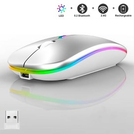 LED Wireless Mouse, Slim Silent Dual-Mode 2.4G+BT Rechargable 7-Color Portable Mobile Optical Office Mouse with USB Receiver, 3 Adjustable DPI Levels for Notebook, PC, Computer, MacBook (Silver)