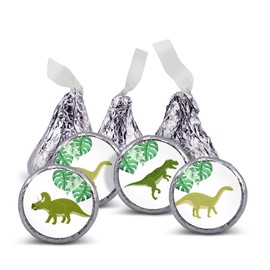 216 Dinosaur world park jurassic birthday party or baby shower favors stickers for chocolate kisses, .75" round, labels