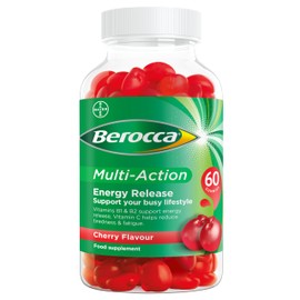 Berocca Multi-Action Gummy Vitamins, Cherry Flavour, 10 Essential Vitamins, Including B1 & B2 to Support Energy Release and C to Help Reduce Tiredness & Fatigue, 60 chewable Gummies.