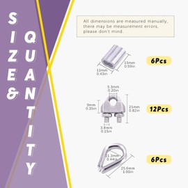 Swpeet 24Pcs M3 (5/16") Wire Rope Accessory Set, Included M3 Wire Rope Cable Clip Clamp, M3 Stainless Steel Thimble, 3mm Aluminum Crimping Loop Sleeve Perfect for 1/8 inch Wire Rope Cable (M3)