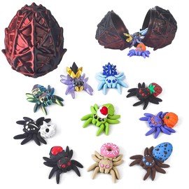 3D Printed Dragon Egg with 10 Unique Spiders, 3D Printed Animals Toys, Decoration for Boys and Girls,Surprise Spider Toy Set for Party Favors (Black-Red)