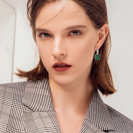 BriLove Square Cut Drop Stone Earrings, Cubic Zirconia Birthstone Huggie Hoop Dangle Earrings for Women Hypoallergenic Jewellry Gift Valentines Day Emerald Color Silver-tone