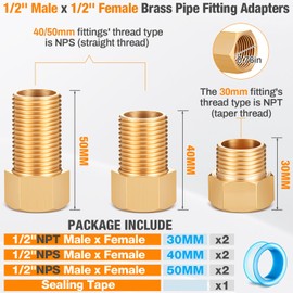 Moxweyeni 6 Pack 1/2'' Brass Extension Adapter Set, 1/2 Male x 1/2'' Female Brass Pipe Extension Fittings, Nipple Pipe Adapter for Tub Spout/Shower, Length 30MM/40MM/50MM with Sealing Tape