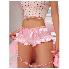 SOLY HUX Women's Satin Underwear Brief Panty Floral Embroidery Bow Ruffle Trim Panties Solid Pink Medium