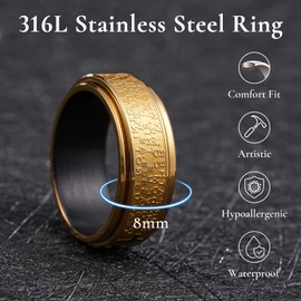 King Will 316L Stainless Steel Lord's Prayer Ring-8mm Spinner Fidget Ring in Gold and Black for Men Women Anxiety Stress Relief Cross Prayer Ring Comfort Fit Size 7