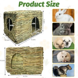Hamiledyi Large Rabbit Grass House Hand Woven Natural Bunny Hut Foldable Play Bed Safe Cozy Hideaway Hay Mat Chew Toys for Hamster Guinea Pig Chinchilla Gerbil Ferret