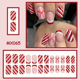Christmas Press on Nails Square Medium Fake Nails with Red Bow Design Glossy French Tip Nails Press ons Striped Glue on Nails Winter Xmas Holiday Acrylic Nails for Women Manicure 24Pcs