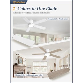 48 Inch Ceiling Fans with Lights and Remote,Outdoor Indoor Modern Flush Mount Ceiling Fan with 3CCT 6-Speed Quiet DC Motor,Black Small Low Profile Ceiling Fan for Bedroom Living Room Office(White)