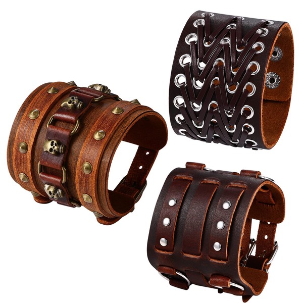 OIDEA Men's Leather Bracelet Set Punk Rock Style 4.1 cm