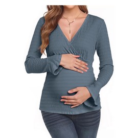 OUGES Womens Maternity Shirts Nursing Tops Fall Long Sleeve Wrap V Neck Pregnancy Clothes for Women Trendy 2025(Blue,L)