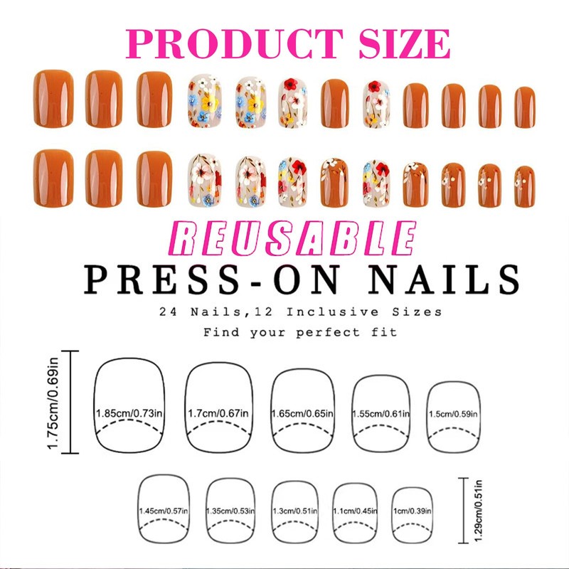 Auiremrti 24 Pieces Flower Press-On Nails, Short Square Spring Nails,