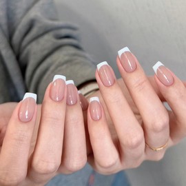 Square False Nails Short - Nude Pink Press on Nails - 30Pcs Fake nails with Glue - Stick on Nails French Tip - 12sizes Natural Young Color Glossy Full Cover Acrylic Nail for Women Girls Daily Wear