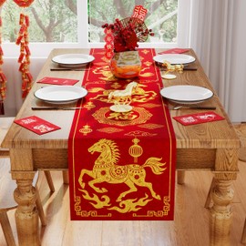 Chinese New Year Table Runner, Zodiac Horse Red Gold 2026 Happy Lunar New Year Table Runner Seasonal Spring Festival Home Party Kitchen Dining Table Decoration 13x72 Inch