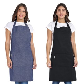 Mellow Buff Chef Aprons, Recycled Cotton Kitchen Apron with an Adjustable Neck with Long Ties, for cooking, baking (Denim Blue & Black)