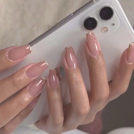 BABALAL Square Press on Nails Medium Fake Nails French Glue on Nails Pink Squoval Acrylic Nails Shiny Stick on Nails for Women and Girls