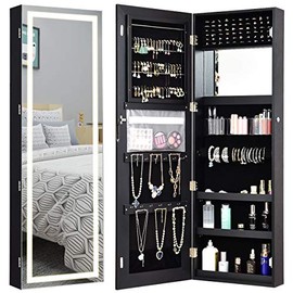 CHARMAID Jewelry Cabinet with LED Touch Screen Mirror, 47.5'' Wall/Door Mounted Jewelry Armoire with Full Length Mirror, Large Storage, Lockable Jewelry Organizer Armoire (Black)