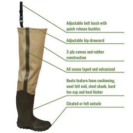 Frogg Toggs Bull Frogg 3-ply PVC Canvas Bootfoot Hip Wader, Cleated or Felt Outsole