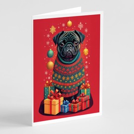 Caroline's Treasures Black Pug Holiday Christmas Greeting Cards Pack of 8 Blank Cards with Envelopes Whimsical A7 Size 5x7 Blank Note Cards