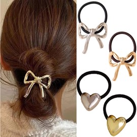 4PCS Metal Heart Hair Tie Metal Bow Gold & Silver Metal Elastic Hair Ties Small Rubber Hair Bands Hair Elastic Scrunchies Elegant Hair Ropes Valentine Hair Accessories for Women and Girls