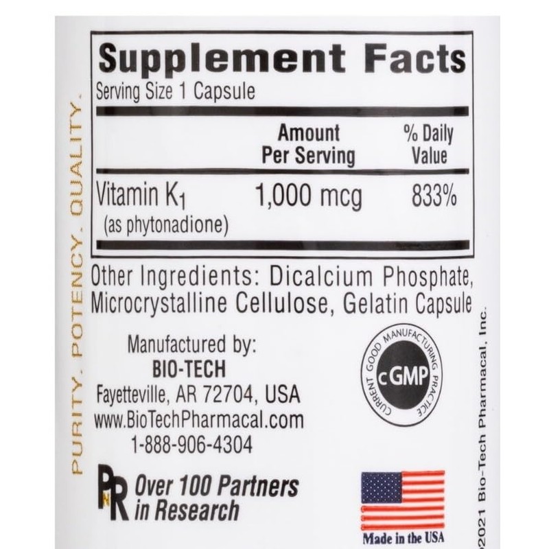 K1-1000 (Vitamin K1) 100 Capsules - 3 Pack - Bio-Tech