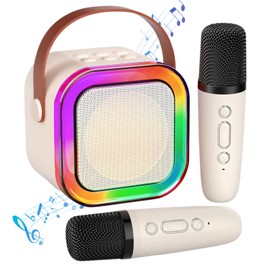 AHDXKUE Karaoke Machine 2 Microphones, Mini Karaoke Machine with LED Light, Kids Microphone Portable Karaoke Machine for Girls Birthday Presents Families Birthday Party Kids Toys (Beige)