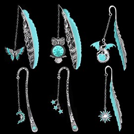 SICANAUO 6Pcs Vintage Feather Metal Bookmark, Glow in The Dark 3D Luminous Bookmarks, Unique Bookmarks Cool Bookmarks for Kids Students Birthday Gifts Women Men Book Lovers Teachers Reader