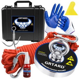 Grtard 1200LBS Fishing Magnet Kit, 3.55inch Diameter Magnets Fishing Kit with Case -Includes Grappling Hook, Heavy Duty 65FT Rope, Gloves & Locking Carabiner, Threadlocker, and Waterproof Carry Case