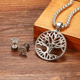 Cupimatch Tree of Life Necklace for Boys Stainless Steel Leather Silver/Black, Stainless Steel, Rhinestone