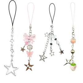 1-4PCS Cute Phone Charms Y2K Aesthetic | Strawberry, Butterfly, Star Straps | Preppy Coquette Accessories for AirPods, Keychain, Digital Camera, Bag, Phone Decor