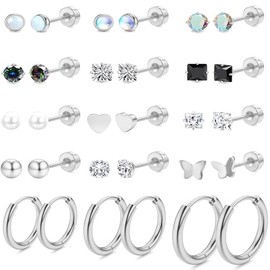 YNAAIAA 20G Hypoallergenic Flat Back Stud Earrings For Women Men 14K Gold Plated Surgical Stainless Steel Tiny Nap Screw Back Earrings Cartilage Hoop Earrings Silver