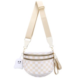 DOB SECHS Checkered Bum Bag Crossbody Handbag for Girls Women Nylon Crossbody BAG Large Capacity Checkered Shell BAG Unisex Fanny Pack, Beige