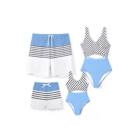 PATPAT Family Matching Swimsuits Couples Cutout One Piece Spliced Striped Lines Print Monokinis Quick Dry Beach Wear High Waist Bathing Suits- Blue Stripe Women M