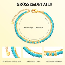 VIVILE Gold Silver Turquoise Beads Anklet for Women and Girls, Festival and Beach Accessories, Handmade Boho Anklet, Adjustable Size, Waterproof Jewellery, Brass