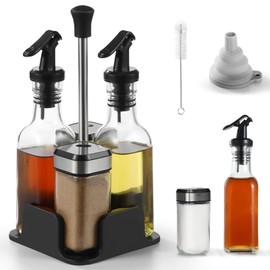 SXTIHD 200 ml oil and vinegar bottle*2 and 120 ml spice container*2, 5-in-1, pepper mill with funnel and hard brush (transparent)