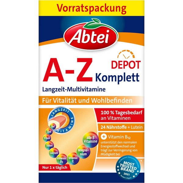 Abtei A-Z Complete Long-Term Multivitamins - Depot Technology with 24 Vitamins and Minerals - Laboratory Tested - High Dose - Vegetarian - 120 Depot Tablets