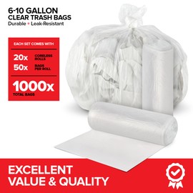 Stock Your Home Clear Trash Bags – 6-10 Gallon (1000 Pack) – Disposable Leak-Resistant Garbage Can Liners for Office, Bathroom, Deli, Produce, Dog Poop, Cat Litter