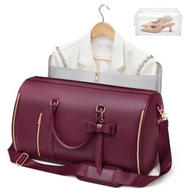 STHMEOOHT Garment Bags for Travel, Convertible Suit Travel Bag for Women, Cute Carry On Garment Bag w/Shoes Pouch, 2 in 1 Foldable PU Leather Hanging Duffle Bag, Single-Zipper Design, Sangria