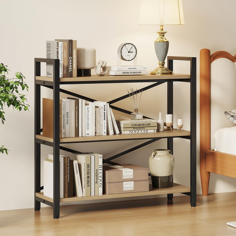Homeiju 3 Tier Bookshelf 31.49" Width, Wood and Metal Etagere