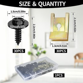 IETWATE 60PCS Screw and Nut Clip Kit, Hexagon Self Drilling Auto Body Fender Screws, U Type Fastener Clip, Manganese Steel Car Body Screw, for Car Wheel Arch Cover Undertray Fender