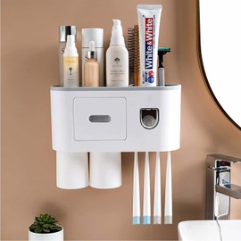 Soporte para Cepillos Dientes,Porta Cepillos Dentales Montado en la Pared, Dispensador Automático de Pasta de Dientes con 2 Tazas,sin Perforación,Organizador de Baño Caja para 4 Cepillo Dientes
