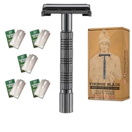 Navaja de afeitar de seguridad de doble filo para principiantes, The Chieftain JR de VIKINGS BLADE, cabeza de mariposa giratoria para abrir, respetuos